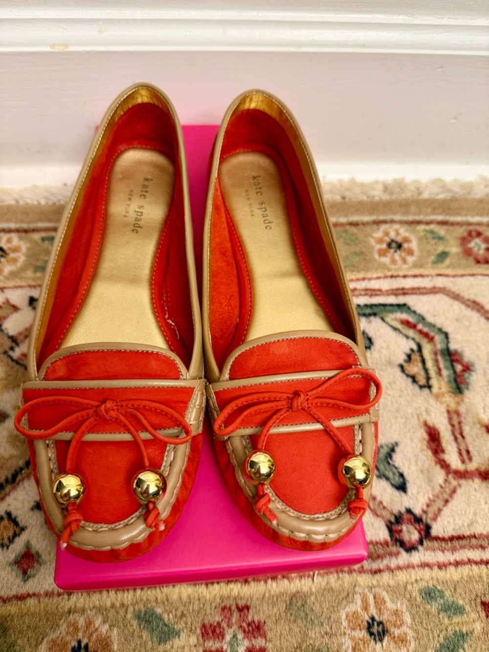 kate spade Orange Red Bow Moccasin Loafers with Gold Accents
